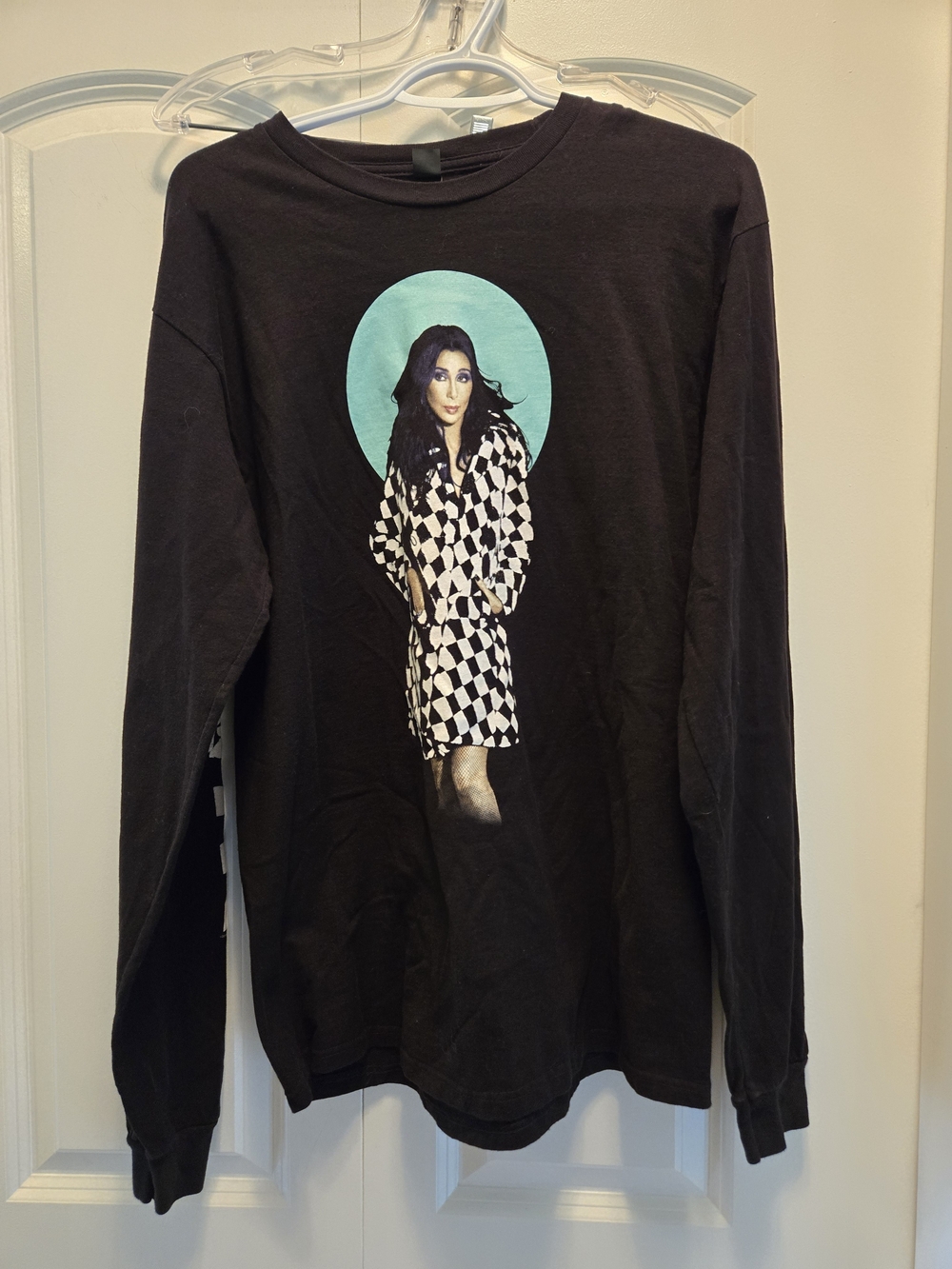 Cher Black Graphic Long-Sleeve T-shirt with Cher In A Checkerboard Jacket Print
